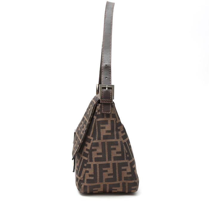 Sac à main Fendi  Zucca en toile monogram bicolore marron et noire et cuir marron - Detail D5