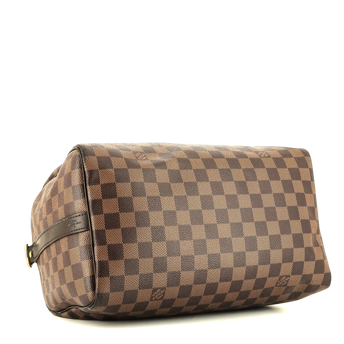 Sac à main Louis Vuitton  Speedy 30 en toile damier ébène et cuir marron - Detail D5