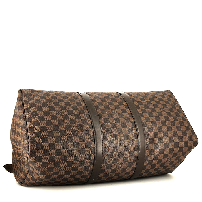 Borsa da viaggio Louis Vuitton  Keepall 50 in tela a scacchi ebana e pelle marrone - Detail D4