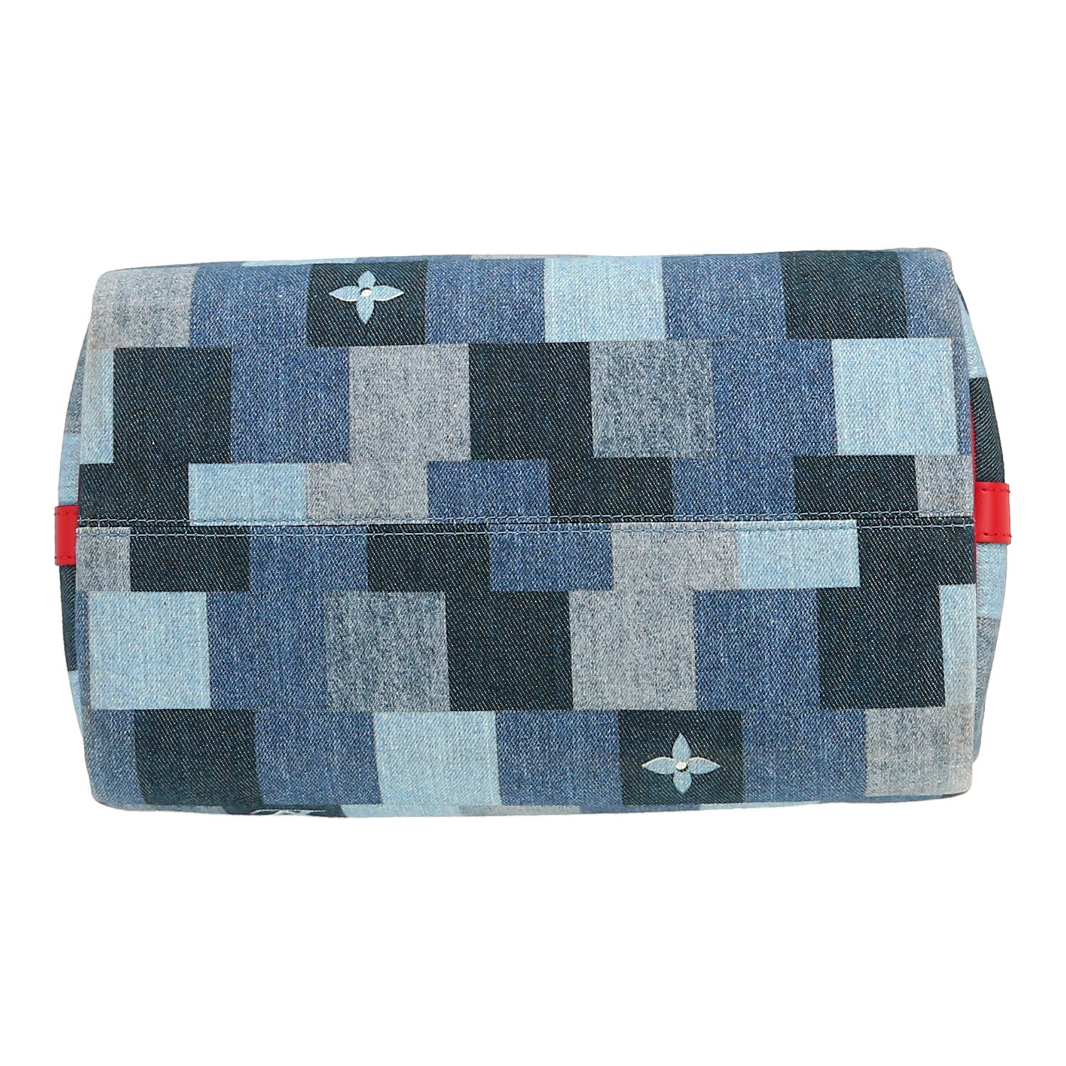 Sac bandoulière Louis Vuitton  Speedy 30 en toile denim bleue et cuir rouge - Detail D1