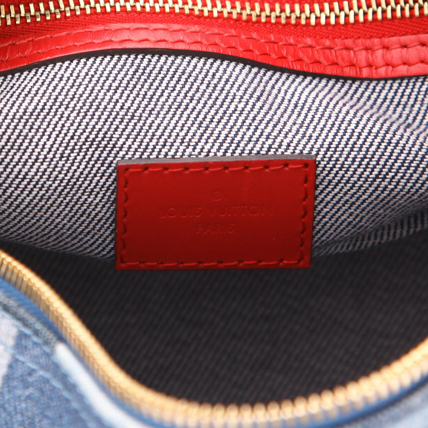 Borsa a tracolla Louis Vuitton  Speedy 30 in tela denim blu e pelle rossa - Detail D2