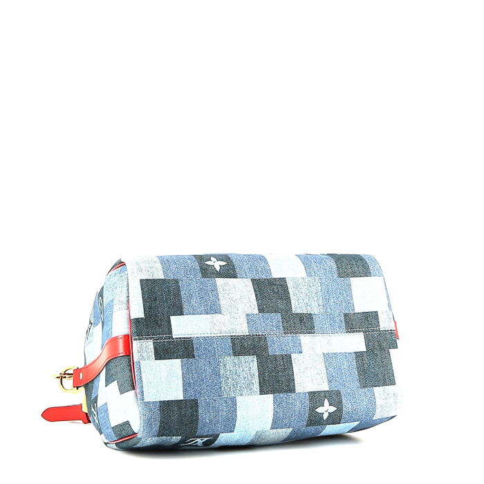 Sac bandoulière Louis Vuitton  Speedy 30 en toile denim bleue et cuir rouge - Detail D5