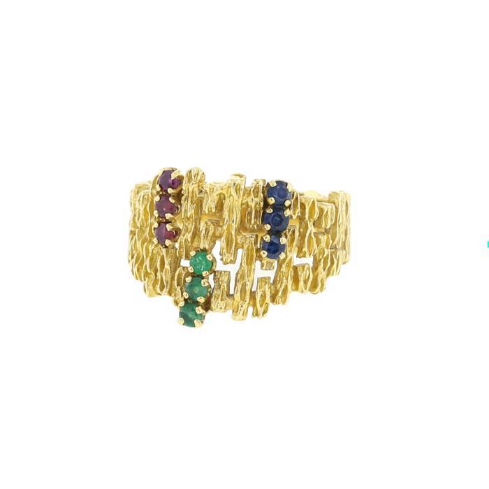 Vintage 1970's ring in yellow gold, ruby, sapphires and in emerald - 00pp