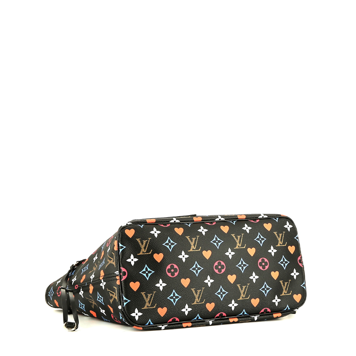 Sac cabas Louis Vuitton  Neverfull Editions Limitées moyen modèle As de Coeur en toile monogram multicolore et noire et cuir noir - Detail D5