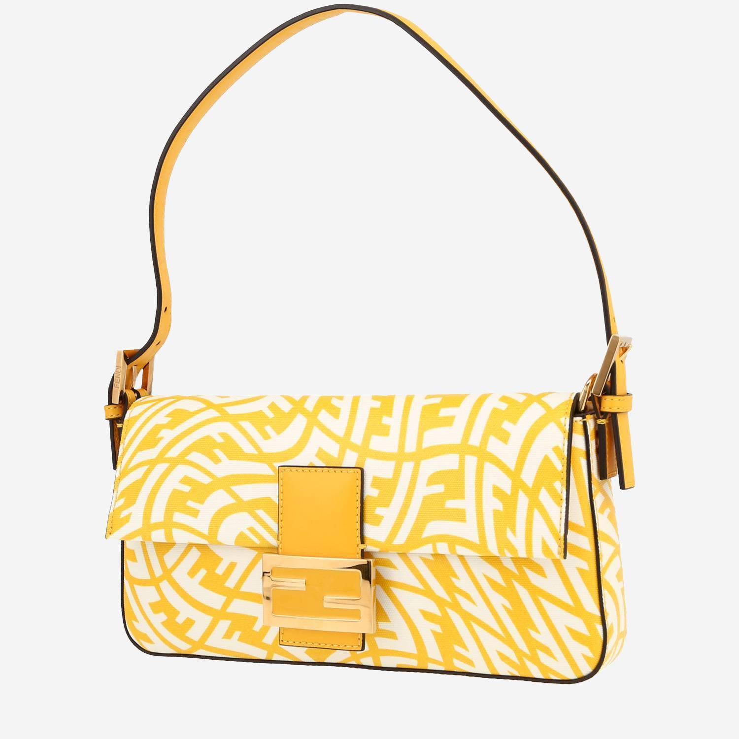Sac à main Fendi  Baguette en toile blanche et jaune et cuir jaune