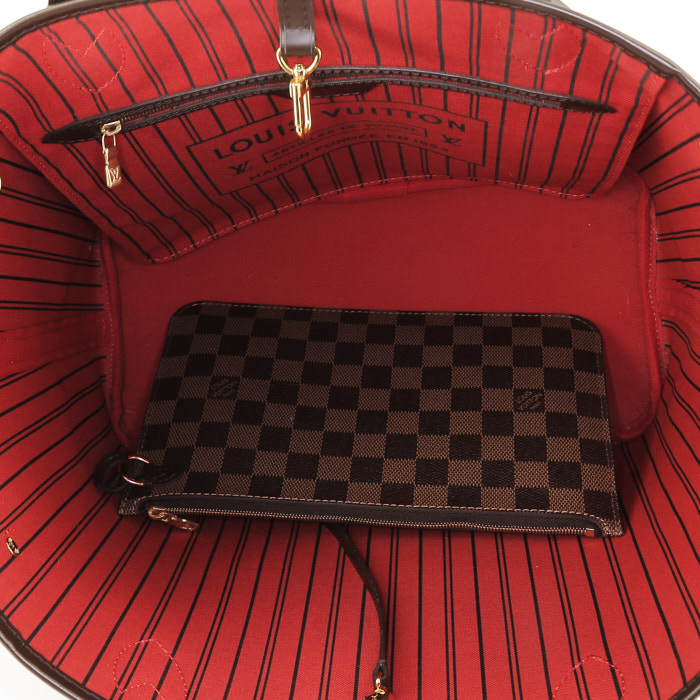 Sac cabas Louis Vuitton  Neverfull moyen modèle  en toile damier ébène et cuir marron - Detail D2