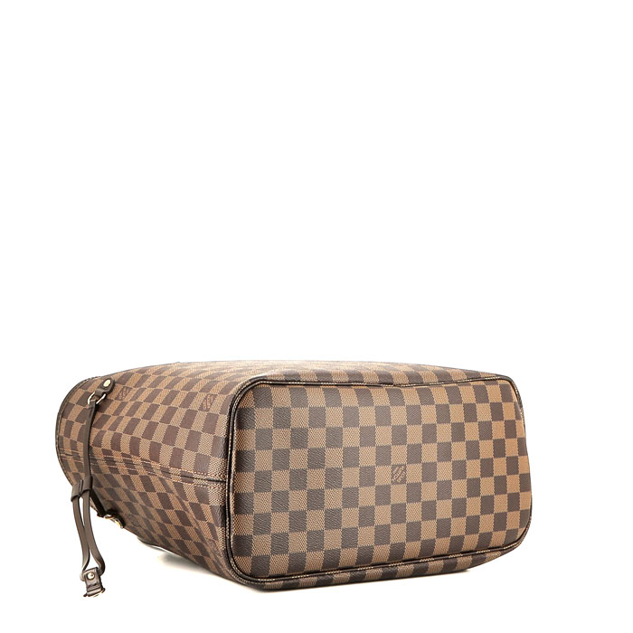 Sac cabas Louis Vuitton  Neverfull moyen modèle  en toile damier ébène et cuir marron - Detail D4