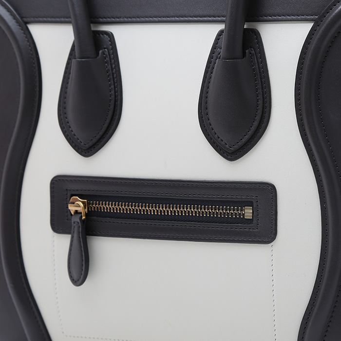 Sac à main Celine  Luggage Micro en cuir grainé noir rouge et blanc - Detail D1