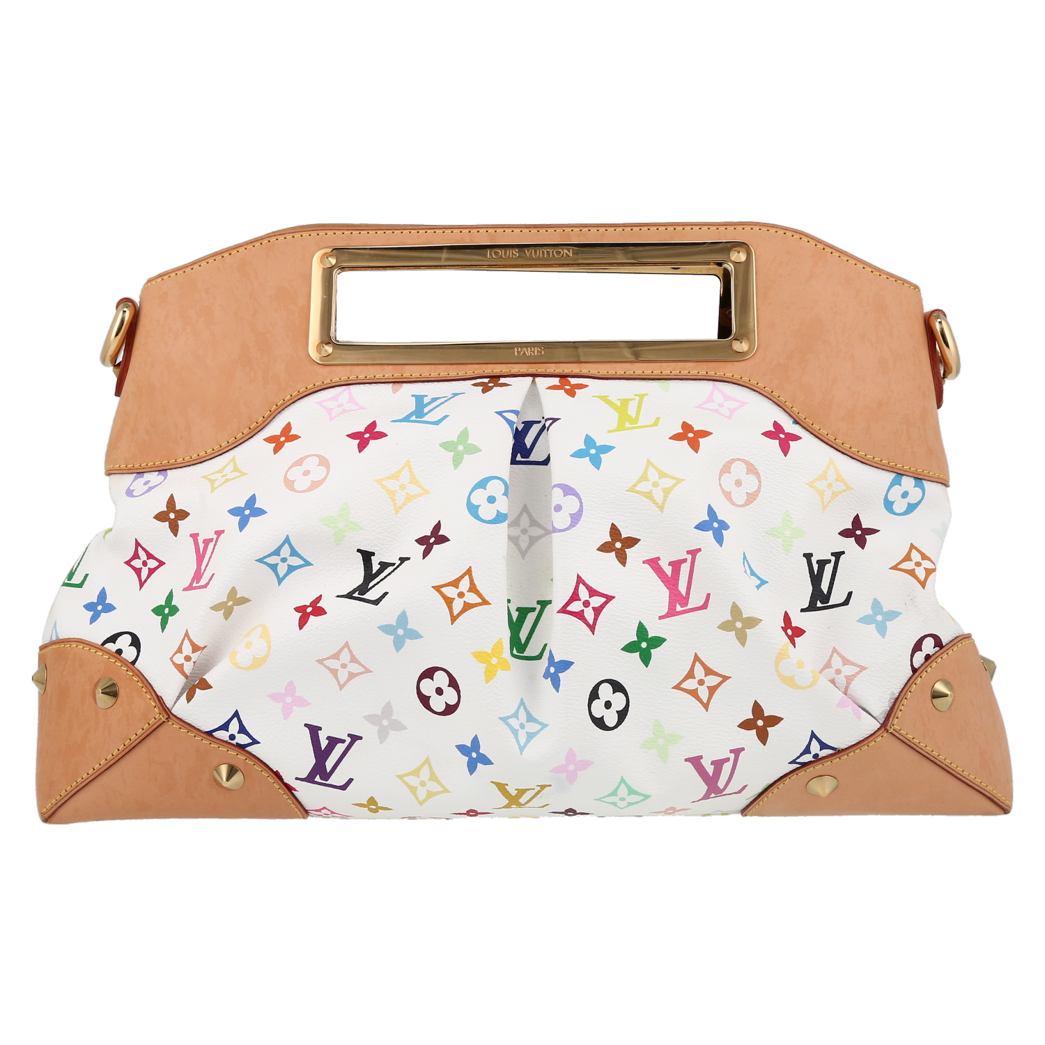 Bolso de mano Louis Vuitton  Judy en lona Monogram multicolor blanca y cuero natural - Detail D2