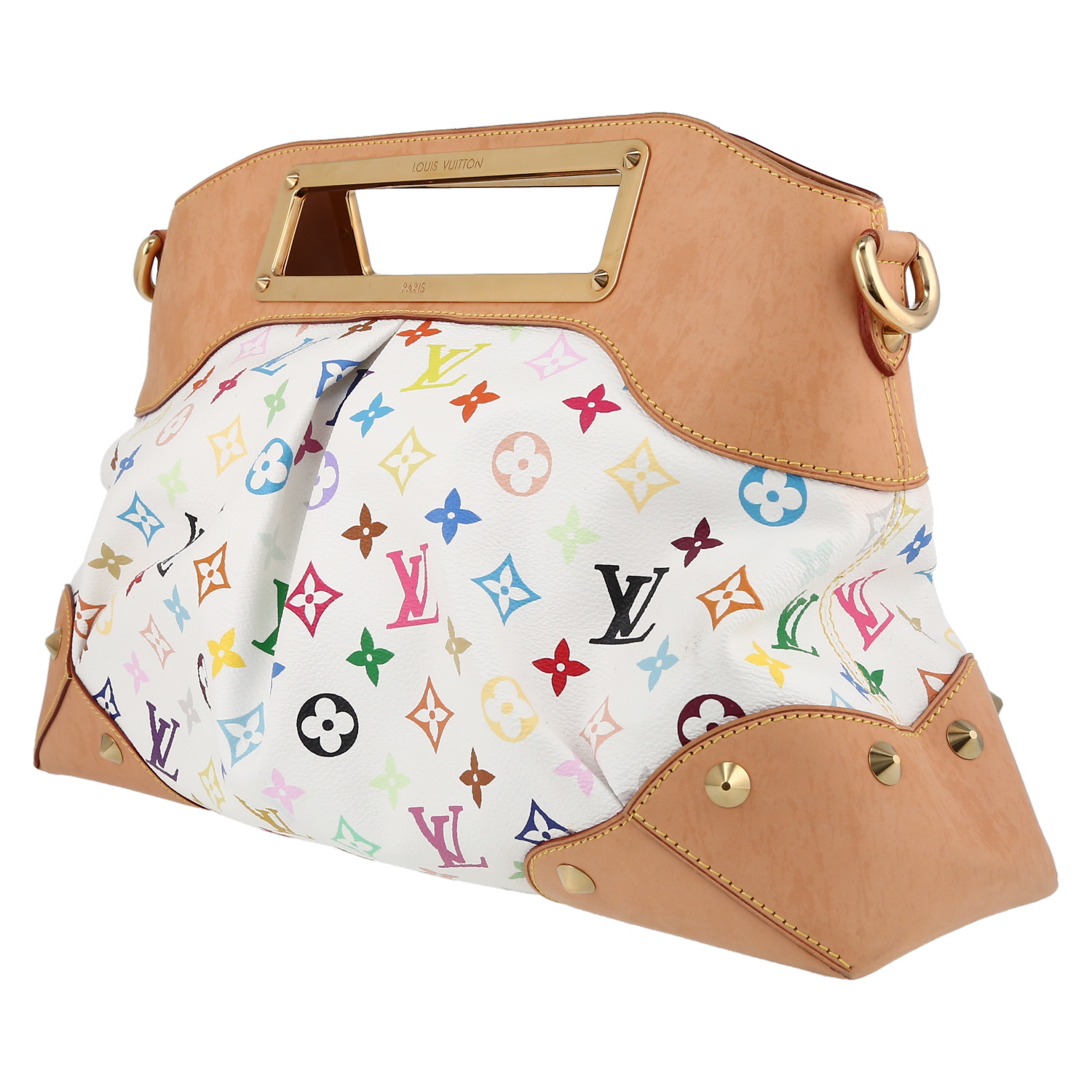 Borsa Louis Vuitton  Judy in tela monogram multicolore bianca e pelle naturale - Detail D3