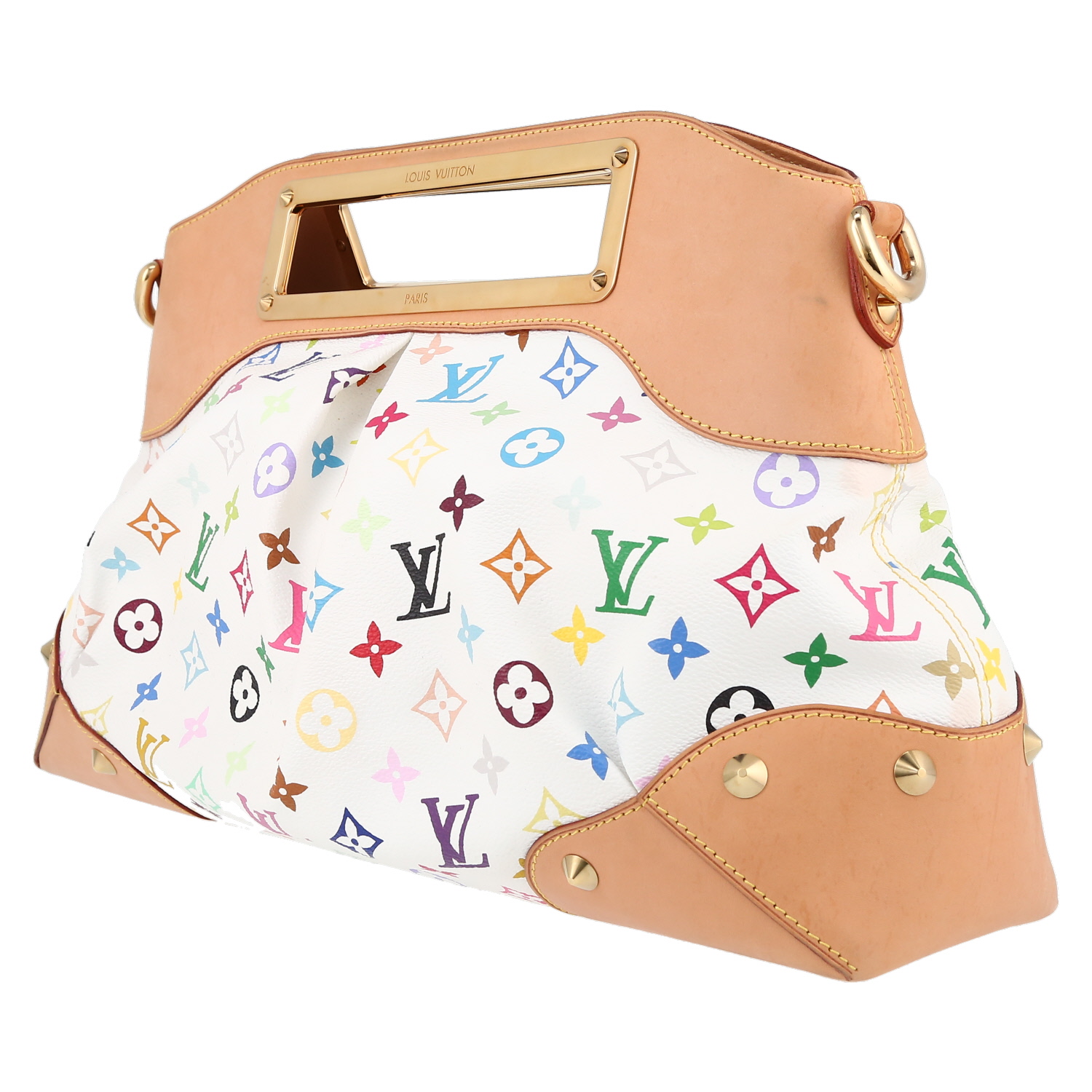 Bolso de mano Louis Vuitton  Judy en lona Monogram multicolor blanca y cuero natural - Detail D5