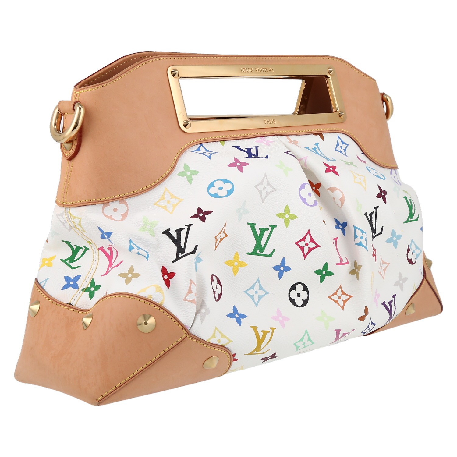 Bolso de mano Louis Vuitton  Judy en lona Monogram multicolor blanca y cuero natural - Detail D6