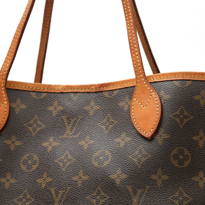 Sac cabas Louis Vuitton  Neverfull grand modèle  en toile monogram marron et cuir naturel - Detail D1