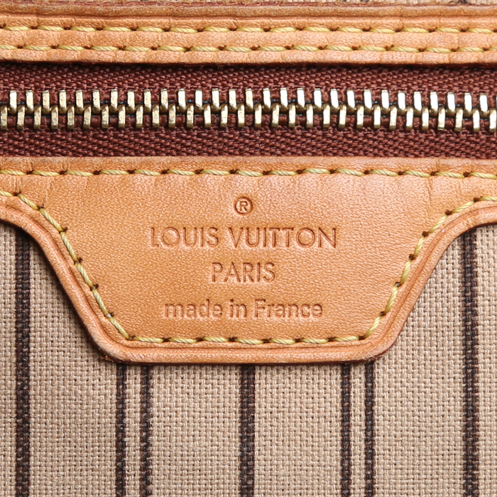 Sac cabas Louis Vuitton  Neverfull grand modèle  en toile monogram marron et cuir naturel - Detail D3