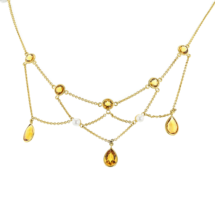 Collana Vintage  in oro giallo, quarzo citrino e perle