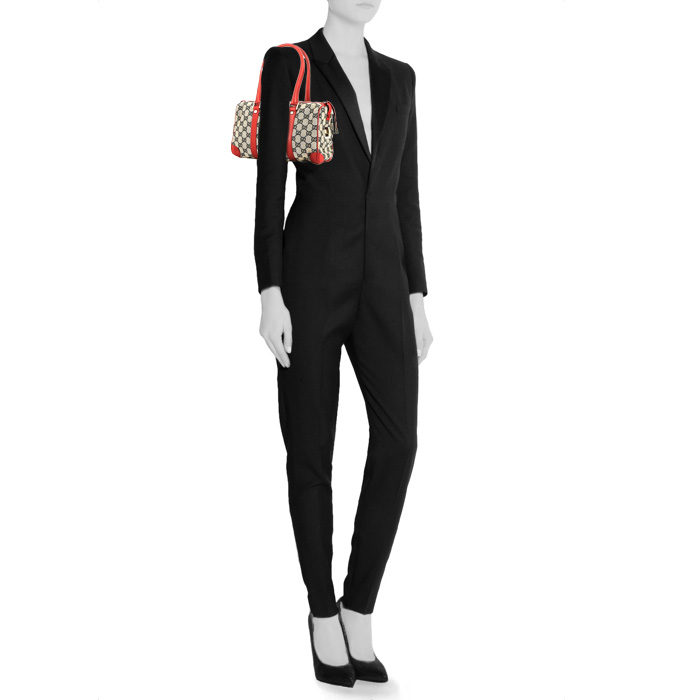 Bolso de mano Gucci  Boston en lona Monogram beige y cuero rojo - Detail D1