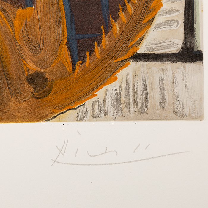 Pablo Picasso, "Ambroise Vollard et son chat", etching and aquatint in colors on paper, signed and numbered, of 1960 - Detail D2
