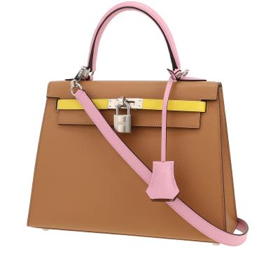 Bolso de mano Hermès  Kelly 25 cm en cuero epsom tricolor beige Chai malva Sylvestre y amarillo Lime