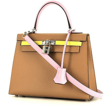 Sac à main Hermès  Kelly 25 cm en cuir epsom tricolore beige Chai, mauve Sylvestre et jaune Lime