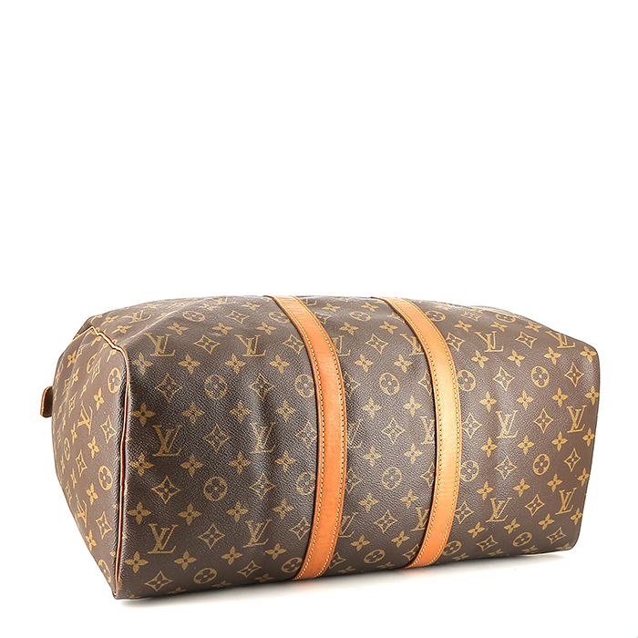 Bolsa de viaje Louis Vuitton  Keepall 45 en lona Monogram marrón y cuero natural - Detail D4