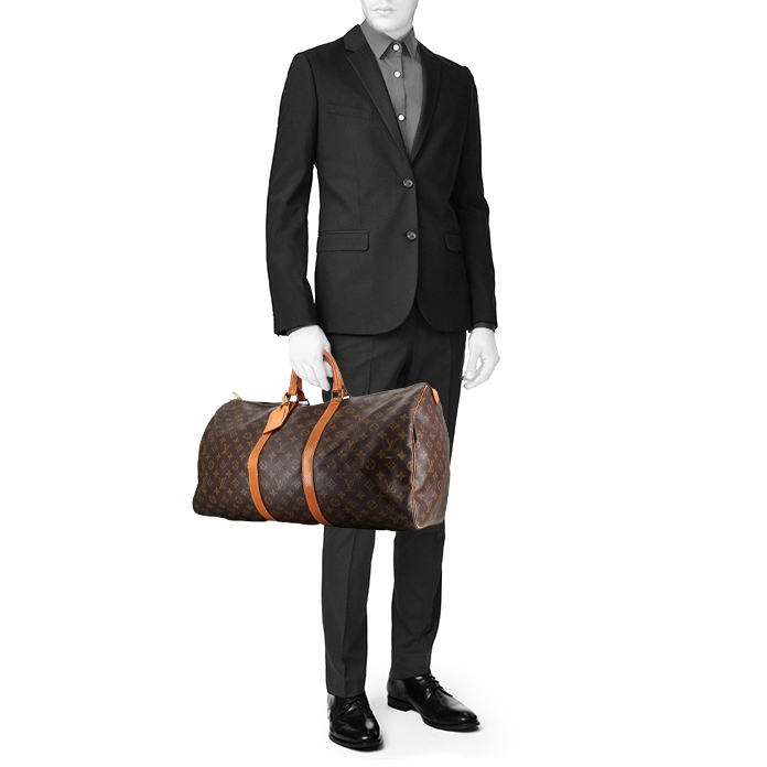 Borsa da viaggio Louis Vuitton  Keepall 55 in tela monogram marrone e pelle naturale - Detail D1