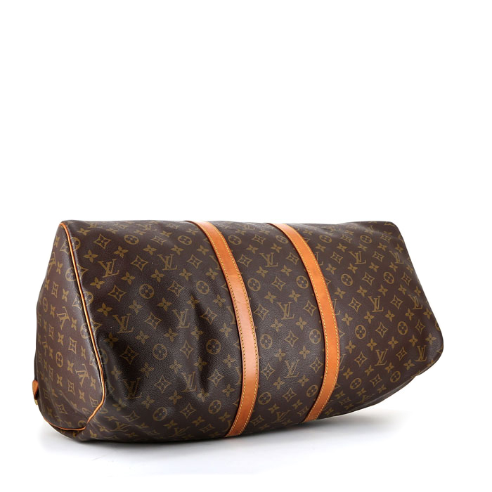 Bolsa de viaje Louis Vuitton  Keepall 55 en lona Monogram marrón y cuero natural - Detail D4