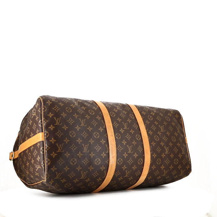 Borsa da viaggio Louis Vuitton  Keepall 55 in tela monogram marrone e pelle naturale - Detail D5