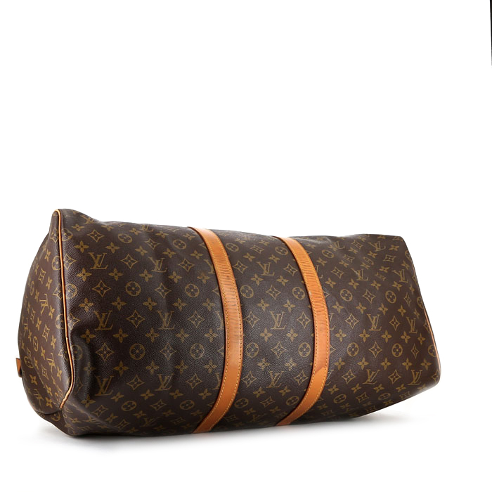 Sac de voyage Louis Vuitton  Keepall 55 en toile monogram marron et cuir naturel - Detail D4