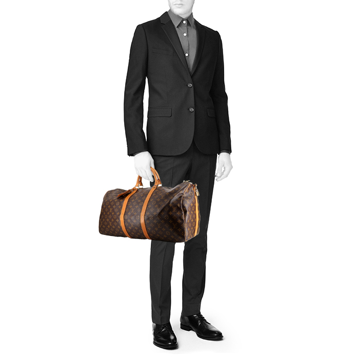 Borsa da viaggio Louis Vuitton  Keepall 55 in tela monogram marrone e pelle naturale - Detail D1