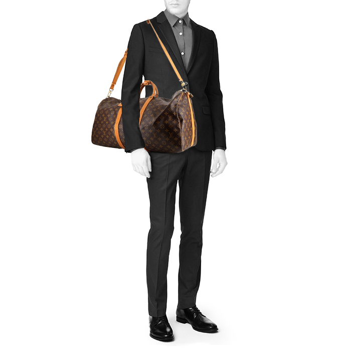 Borsa da viaggio Louis Vuitton  Keepall 55 in tela monogram marrone e pelle naturale - Detail D2