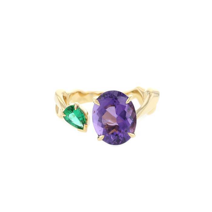 Diorama Précieuse Ring In Yellow Gold, Amethyst And Emerald