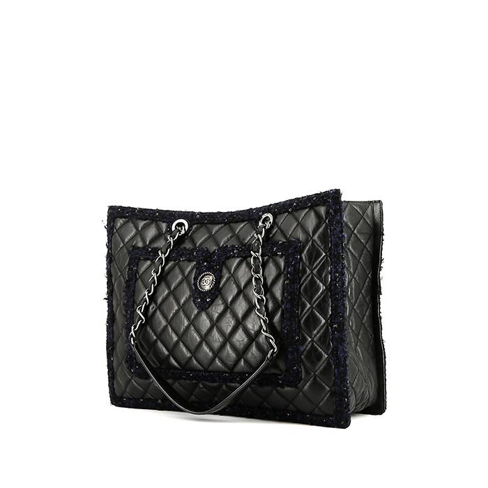 Chanel  Grand Shopping shopping bag  in black quilted leather  and blue tweed - 00pp