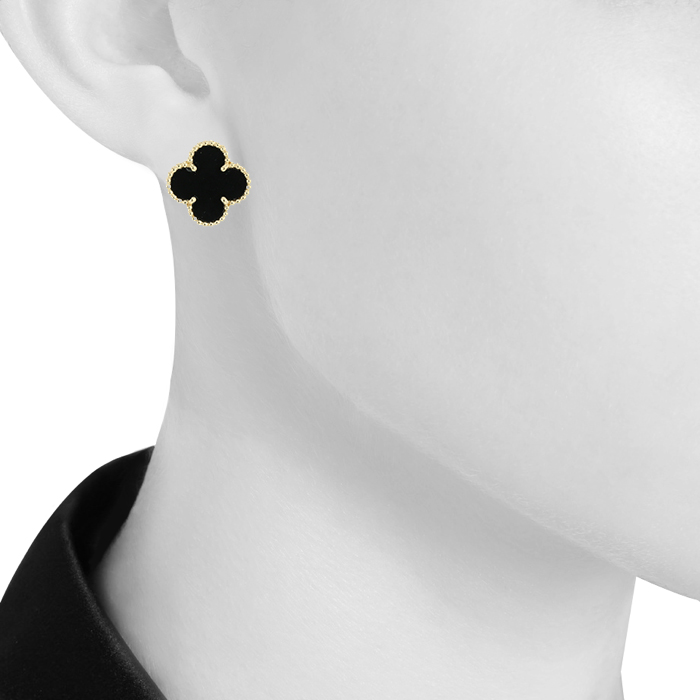 Pendientes Van Cleef & Arpels Alhambra Vintage de oro amarillo y ónix - Detail D1