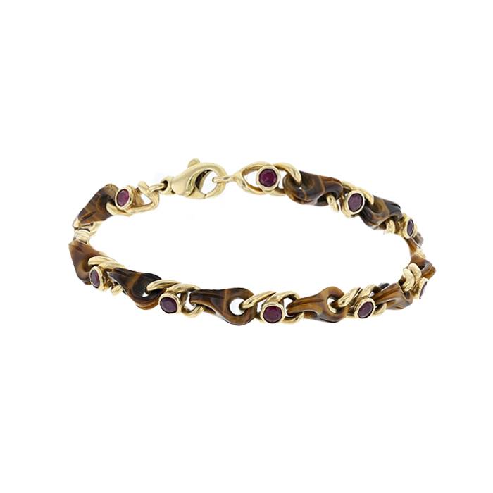Flexible Vintage   1970's bracelet in yellow gold, tiger eye stone and ruby - 00pp