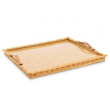 Hermès, Large and rare wicker and glass tray, leather handles, signed, of 2017