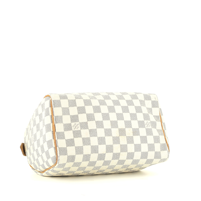 Sac à main Louis Vuitton Speedy 25 cm en toile damier azur et cuir naturel - Detail D4
