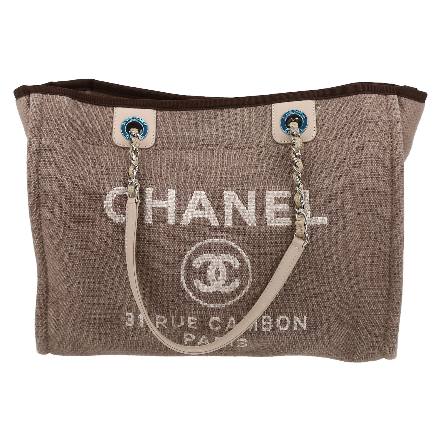Chanel  Deauville shopping bag  in brown canvas  and beige leather - Detail D2