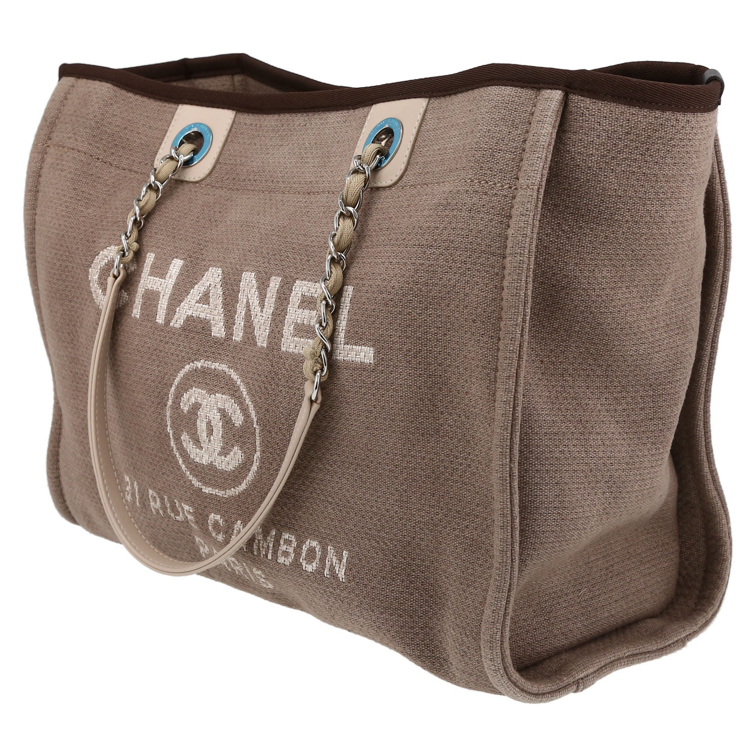 Chanel  Deauville shopping bag  in brown canvas  and beige leather - Detail D3