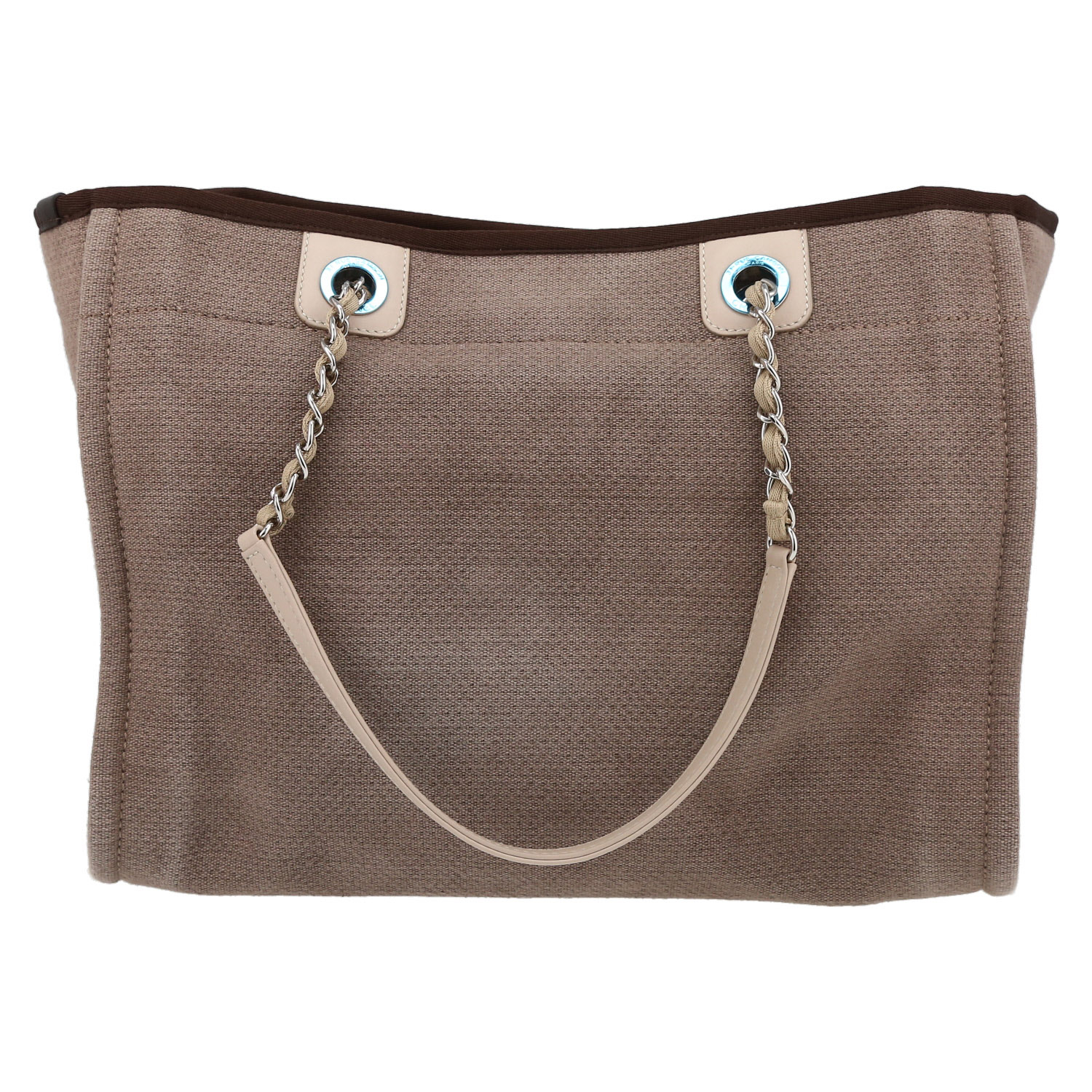 Chanel  Deauville shopping bag  in brown canvas  and beige leather - Detail D7