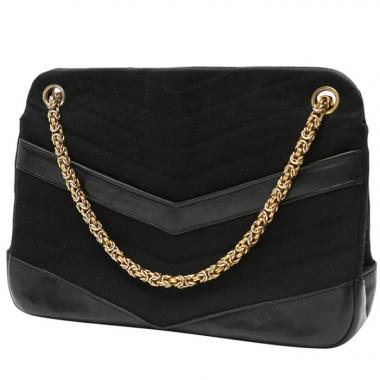 Sac à main Chanel  Vintage en toile chevrons noire et cuir noir