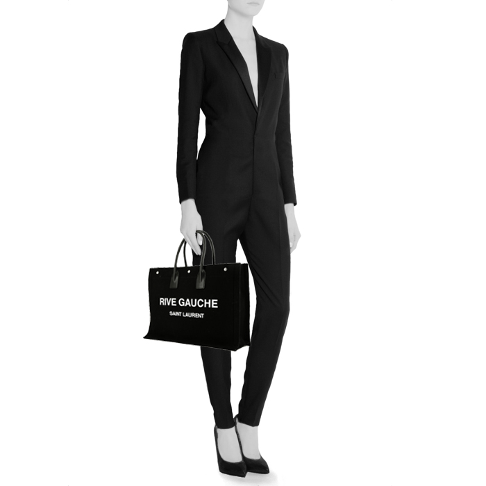 Shopping bag Saint Laurent  Rive Gauche in tela nera e pelle nera - Detail D1