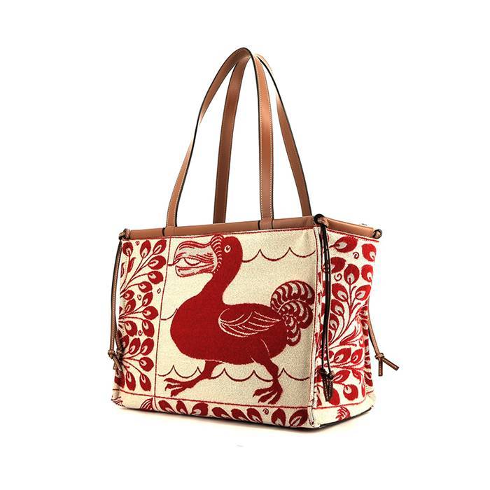 Shopping Bag In Beige And Red Canvas And Gold Leather