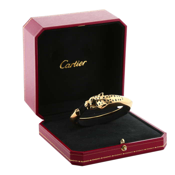 Bracelet ouvrant Cartier Panthère en or jaune, laque noir, onyx et tsavorites - Detail D2