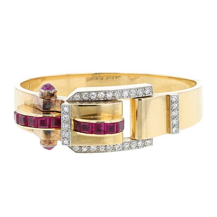 Brazalete época años 40 Vintage  de oro amarillo, diamantes y rubíes