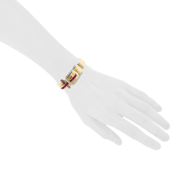 Brazalete época años 40 Vintage  de oro amarillo, diamantes y rubíes - Detail D1