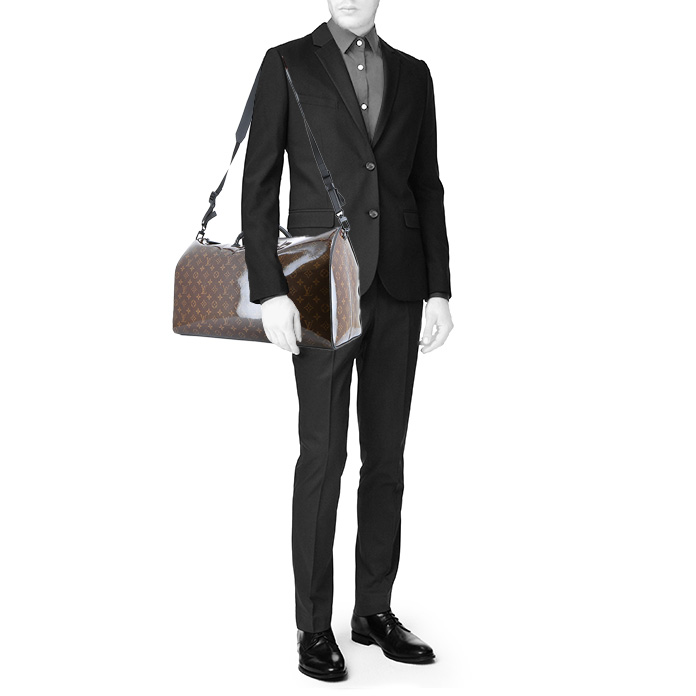 Louis Vuitton  Keepall Editions Limitées weekend bag  in brown monogram canvas  and black leather - Detail D2