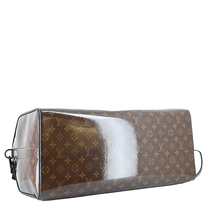 Sac de week end Louis Vuitton  Keepall Editions Limitées en toile monogram marron et cuir noir - Detail D5