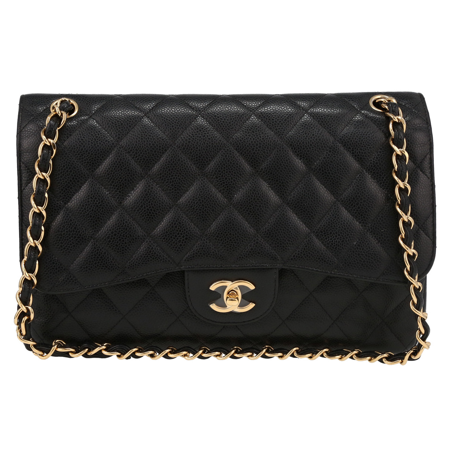 Chanel  Timeless Jumbo shoulder bag  in black quilted grained leather - Detail D2