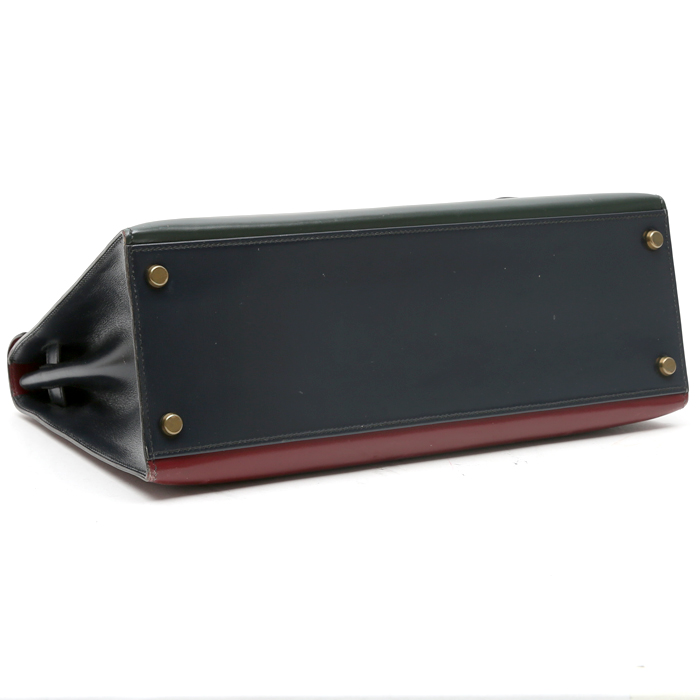 Bolso de mano Hermès  Kelly 32 cm en cuero box tricolor verde azul marino y color burdeos - Detail D5