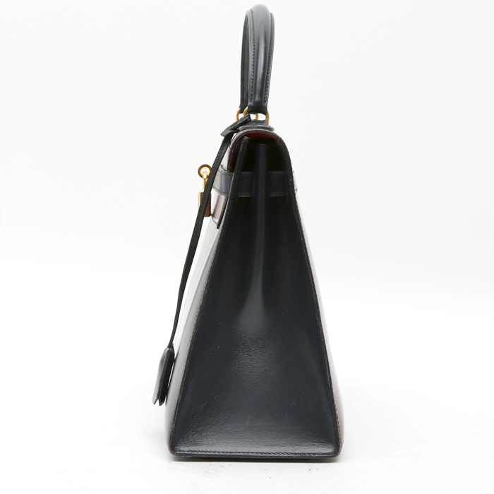 Hermès  Kelly 32 cm handbag  in green, navy blue and burgundy tricolor  box leather - Detail D7